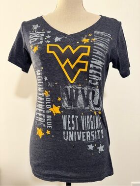 Creative Apparel WVU Cotton Blend Navy Gold V Neck Baby Doll T Shirt size M